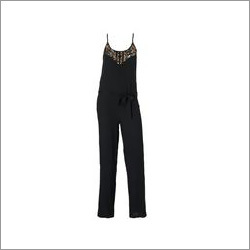 Ladies Black Jumpsuit - Silk Material, Sleeveless Design | Trendy, Embroidered Pattern, Anti-Wrinkle, Waterproof, Skin-Friendly