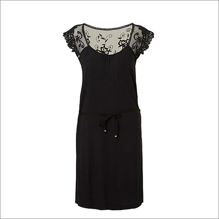 Ladies Lace Dress - Georgette Fabric, Black Color | Embroidered Pattern, Anti-Wrinkle, Washable, Waterproof, Short Sleeves, All-Season Wear