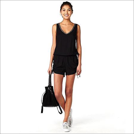 Ladies Black Jumpsuit Decoration Material: Cloths