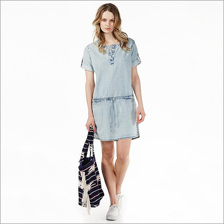 Ladies Denim Tunic Dress - Casual Blue, Short Sleeves | Anti-Wrinkle, Waterproof, Washable, No Fade