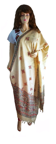 Madhubani Painting Stole - Silk, 2 Meter, Off-White | Handmade, Lightweight, Elegant Design