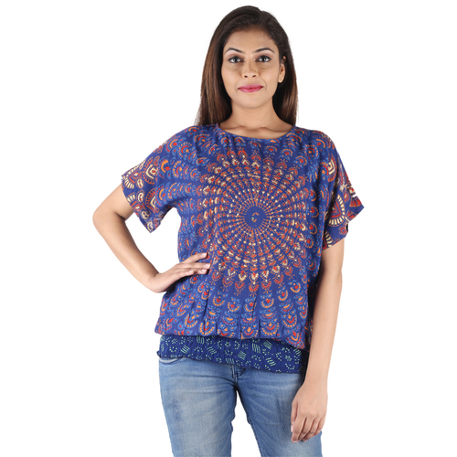 Mix Colours Rayon Mandala Women Top Dresses Women Beachwear Dresses Hand Block Ladies Blue Printed Top Dress