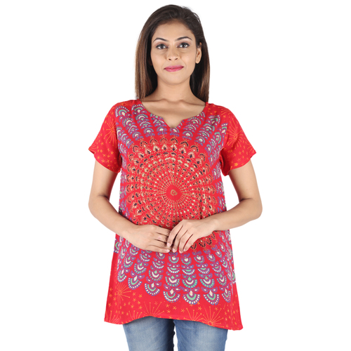 Women's Casual Rayon Blouse - Short Sleeve Mandala Block Printed Top, Eco-Friendly, Available in Mix Colours and Sizes S/M/L/XL/XXL