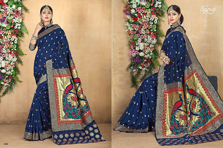 SAROJ KANJIVARAM SILK SAREE 1002 - Navy Blue Silk, Golden Border Design | Elegant Knitted Pattern for Traditional Indian Style