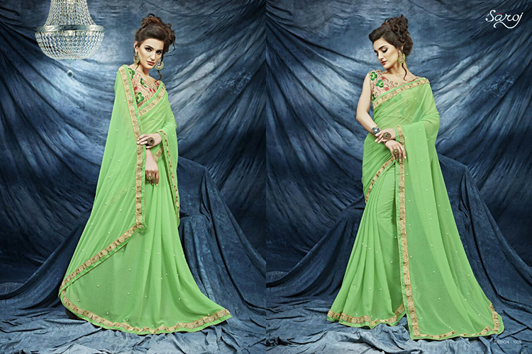 Saroj Ruby Saree 1005 - Silk, 5.5 Meters, Light Green | Elegant Design, Gold Embroidery, Comfortable Fit