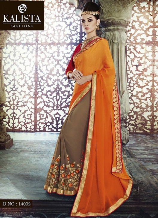 KALISTA QUEEN VOL 1 SAREE 14002 - Silk Blend, 5.5 Meters, Orange | Embroidered, Two-Toned, Blouse Piece Included, Party Wear