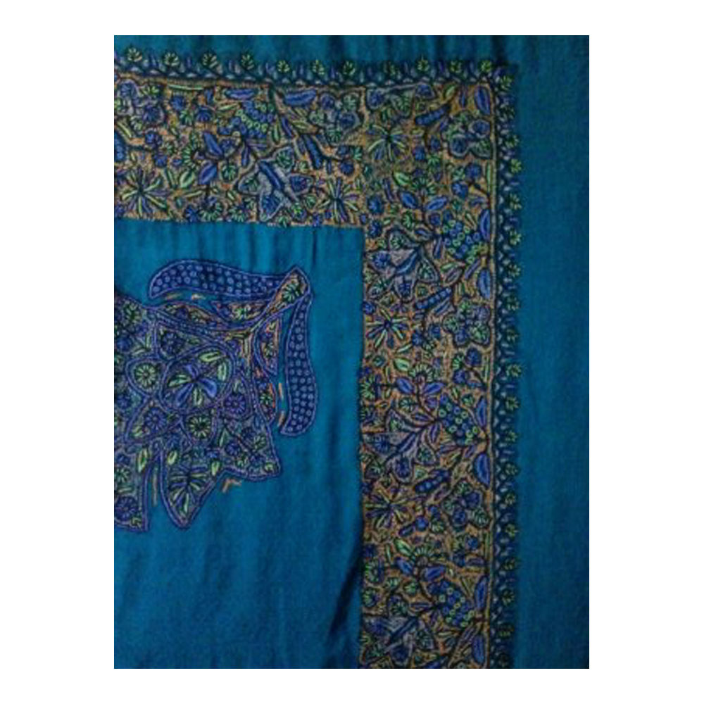 Sky Blue And Green Hand Embroidered Pashmina Shawl