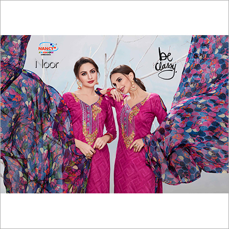 Ladies Suits - Printed Cotton Fabric , Pink Color with Short Sleeves