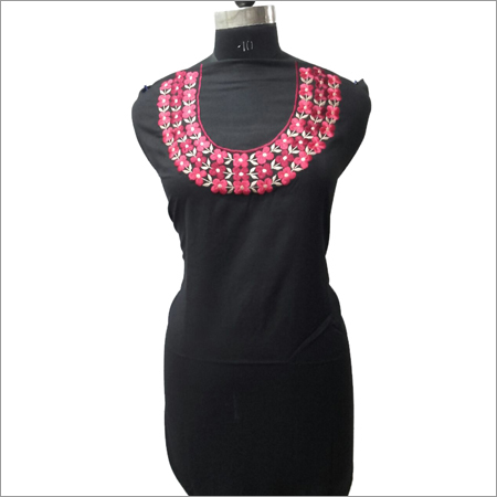 Ladies Black Kurta With Pink Embroidery Neck