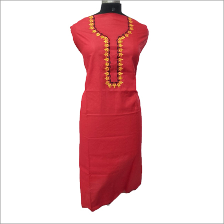 Ladies Pink Kurta With Yellow Neck Embroidery
