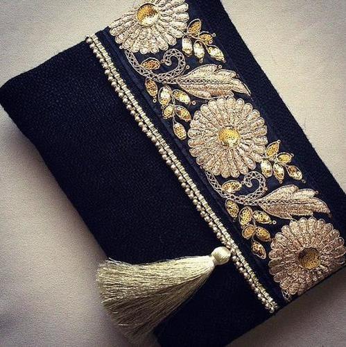 Dark blue jute bags with lace