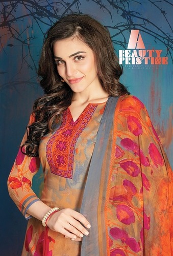 CAMBRIC Heavy Cotton With Chiffon Dupatta Fiona By Floreon Trends - Top 2.5m, Bottom 2.6m, Dupatta 2.3m, Printed Dress With Lace Border