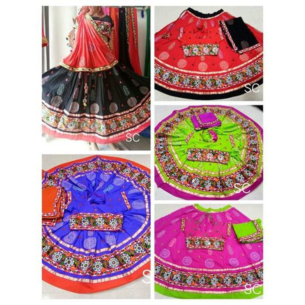 Cotton Dandiya Dress Red Pink Green Black Kasida Work Printed Costume