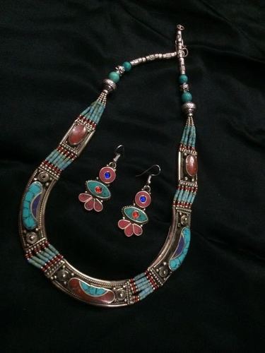 Torquoise nepali neckline with stone studded danglers