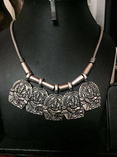 Ganeshji Neckline - German Silver, 16-18 Inches, Silver | Tribal Style, Adjustable Closure, Elegant Design