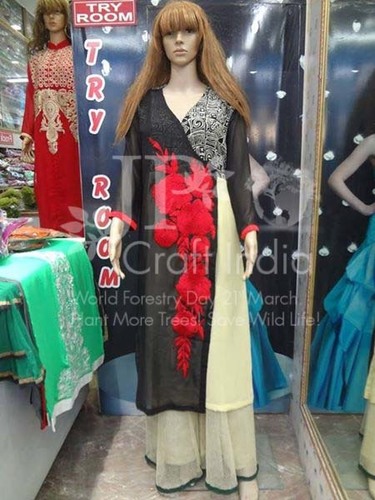 Embroidery Georgette Kurti - Customized Sizes in Red Black & Ivory | Full Sleeves Breathable Quick Dry Modern Ethnic Design