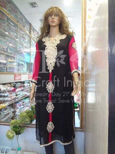 Georgette Kurti - Customized Fit With Full Sleeves | Embroidered Pattern, Breathable, Quick Dry, Washable in Pink, Black & Ivory Colors