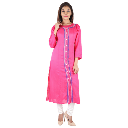 Pink Ladies Designer Printed Embroidery Cotton Rayon Kurtis