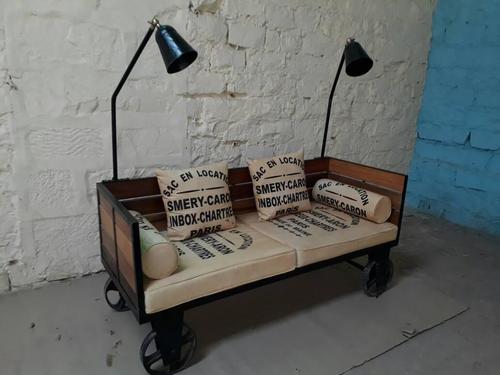 Handmade Reclaimed Wood And Iron Industrial Sofa On Wheels With Lamps