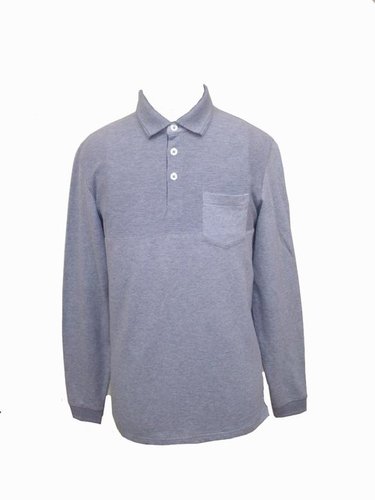 Full Sleeve T Shirt - Cotton, Various Sizes, Gray | Polo Collar, Soft Fabric, Chest Pocket, Classic Style, Comfortable