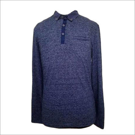 Full Sleeve Mens T Shirt - Cotton Blend, M-XXL, Blue | Collared, Soft Fabric, Slim Fit, Button Placket