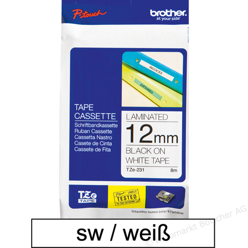 Brother TZe 231 - Laminated Strong Adhesive Tape 12mm x 8m, Black On White, Automatic Grade, Computerized