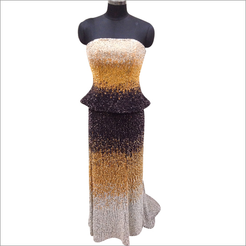 Long Skirt & Off Shoulder Top - Polyester Fabric, 150cm Length, Black, Brown, Ivory, Emerald, Handworked Sequin Embellishments, Available in Sizes S to XXXL, Formal Dress
