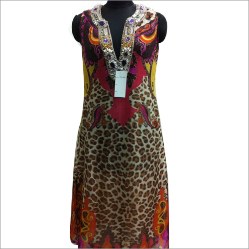 Printed Dress - Viscose Fabric, 110 cm Length, Sleeveless Design | Trendy Printed Pattern, Ethnic Stone and Bead Handwork, All Season Wear