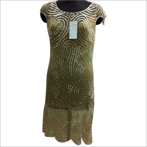 Embellished Sequin Formal Dress - Nylon Net, 110 cm Length, Short Sleeves, Available in Beige, Black, Ivory, Fuchsia | Anti-Wrinkle, Dry Clean Only, Beaded Pattern, Sizes S to XXL