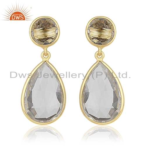 Crystal Quartz Gemstone Earrings Jewelry - Gold Plated, 1.5 x 1 Inch, Drop Style, Handmade, Elegant Design