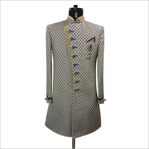 Embroidered Wedding Sherwani - Fabric, Various Sizes, Off-White, Beaded Embroidery | Mandarin Collar, Button Closure, Pockets, Full Sleeves