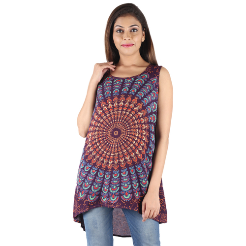 Rayon Mandala Top - Sleeveless Design, Hip Length Printed Blouse | Brown Color, Available in Sizes S-XXL, Ideal for Summer Partywear