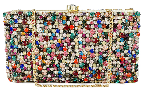 Queen Clutch - Multi Colour Stone, Gold Poly-Silk Lining, Gold Frame with Round Tab Clasp, Gold Chain