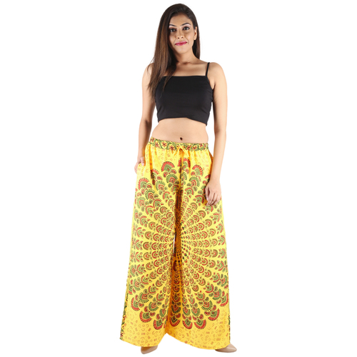 Poly Crepe Mandala Print Palazzo - Free Size, Soft and Comfortable Yellow Fabric with Anti-Wrinkle Feature, Perfect for Summer Wear