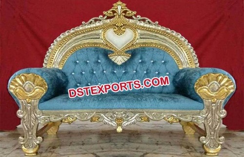 Designer Sofa For Hindu Wedding - Treated Wood With Golden-Plated Brass, Blue, Varied Sizes | Elegant Design, Intricate Carving, Well-Cushioned Seating