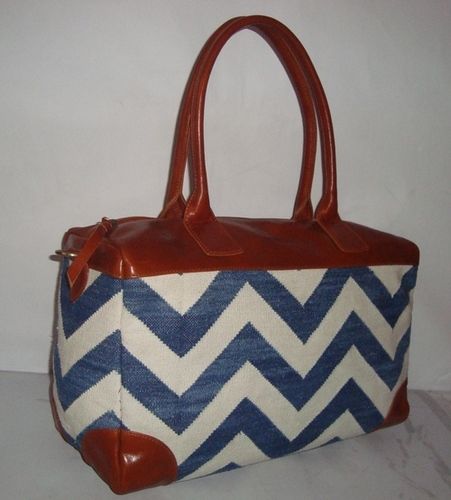 Blue And White Leather With Handmade Rug Antique Duffle Bag