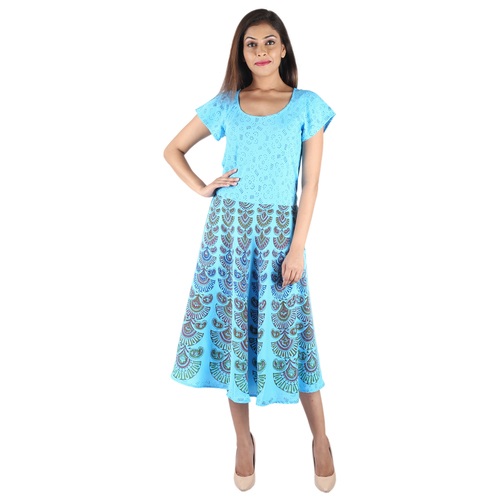 Indian Umbrella Dresses Poly Crepe Mandala Sky Blue Color Western Dress