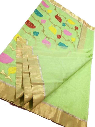 Chanderi Silk Saree - Cotton Silk Blend, Green Color, Handloom Weaved Design with Blouse Piece Included