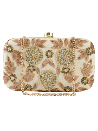 Jasmine Ivory - Sequins and Glass | Antique Gold Zardozi Design, Elegant Clutch with Striking Floral Inspiration in Classic Ivory Shade