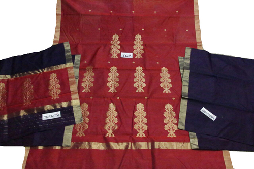 Red Handloom Chanderi Silk Cotton Suit - Lightweight, Sheer Fabric, Luxurious Feel, Includes Blouse Piece, Dry Clean Recommended