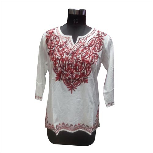Embroidered Kurti - Cotton, Size M/l, White And Red | Formal Full Sleeves, All Season Wear