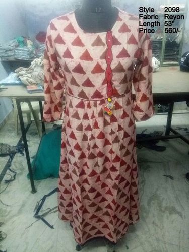 Jaipuri Long Gown Kurti - Rayon, Length 1346.2 mm, 3-4th Sleeve Style | Casual, Ethnic, Party Wear, Modern Design, Available in L, M, XL, XXL