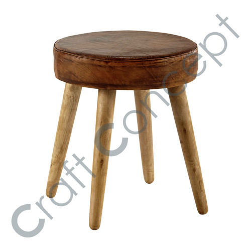 Mango & Brown Leather Stool No Assembly Required