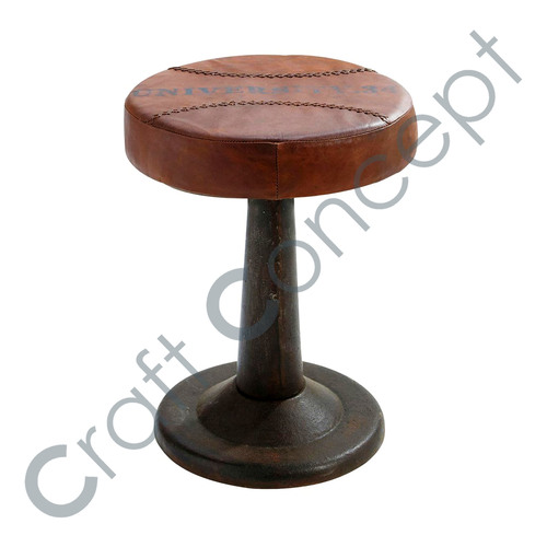 Leather & Black Metal Stool - Vintage Leather Seat, Aged Metal Legs | Modern Eco-Friendly Indoor Furniture, Indian Style Design