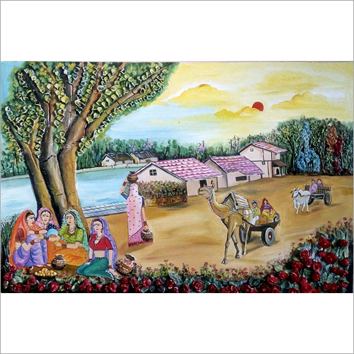 Village Life Oil Painting - High-Quality Clay on MDF Sheet, 36 & 24 Sizes, Various Frame Colors, Elegant Designs with Colorful Stones
