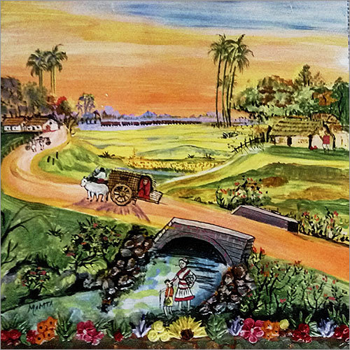 Village Landscape Painting - High Quality Canvas, Various Frame Colors | Traditional Indian Village Scene with Durable Fade Resistant Finish