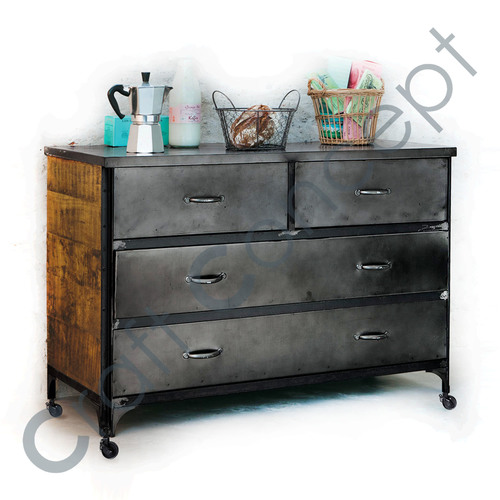 Old Look Metal & Wood Drawer Chest - Iron & Mango Wood, Gray Effect Finish | Eco-Friendly, Four Rolling Drawers, Contemporary Industrial Design