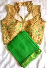 Ladies Designer Blouse - Silk Material, Short Sleeves, Golden Color | Embroidered Pattern For All Season Elegance