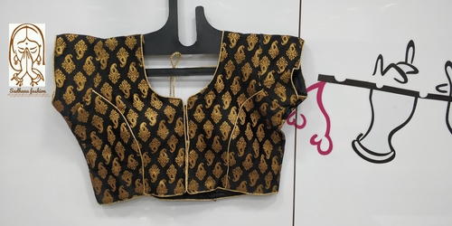 Designer Blouse - Linen, Short Sleeves, Black | Stylish Banaras Brocade Design with High Neck and Front Opening, Perfect for Weddings