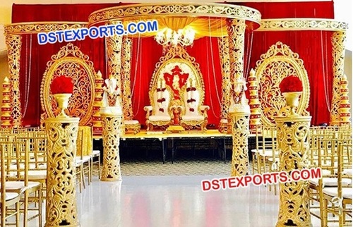 Golden Carved Wedding Mandap - Fiberglass, Gold, Customizable Dimensions | Easy Assembly, LED Lighting, Weatherproof, Lightweight
